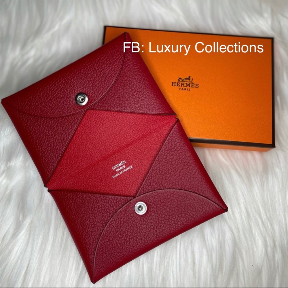Hermes Calvi Verso Card Holder Colors Rouge Piment / Rouge De Coeur
